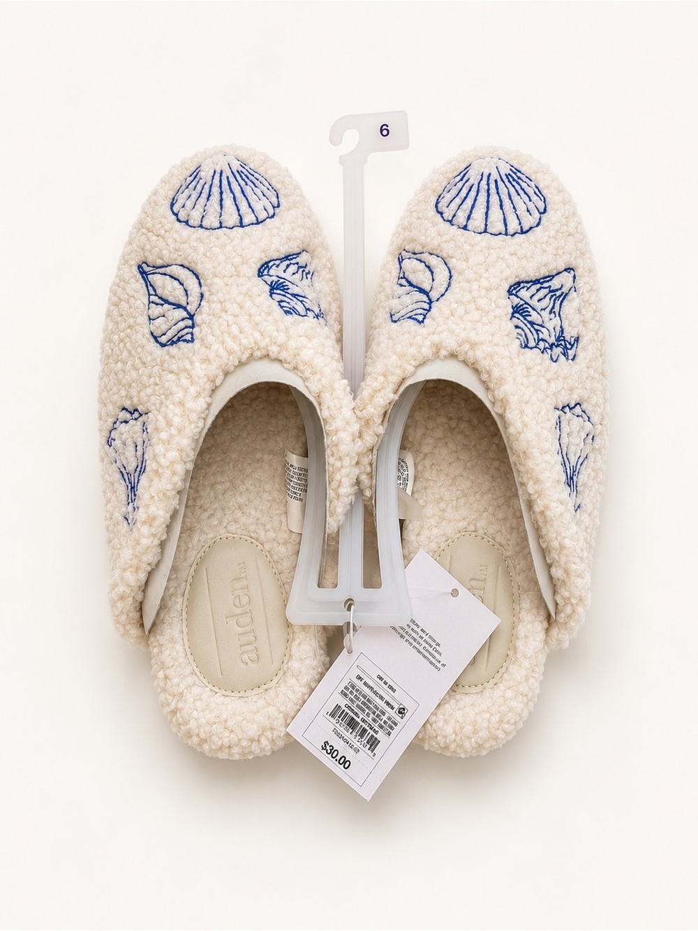 Auden Cream Sherpa Slippers with Blue Shell Embroidery